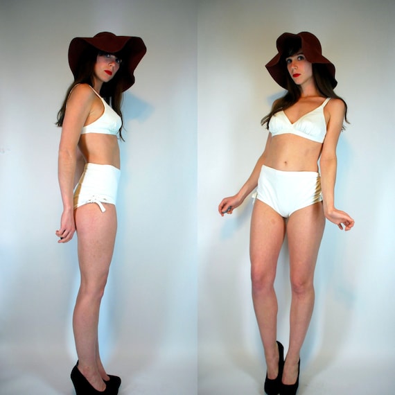 Vintage 60s White Bikini Pin Up Two Piece Bathing Suit