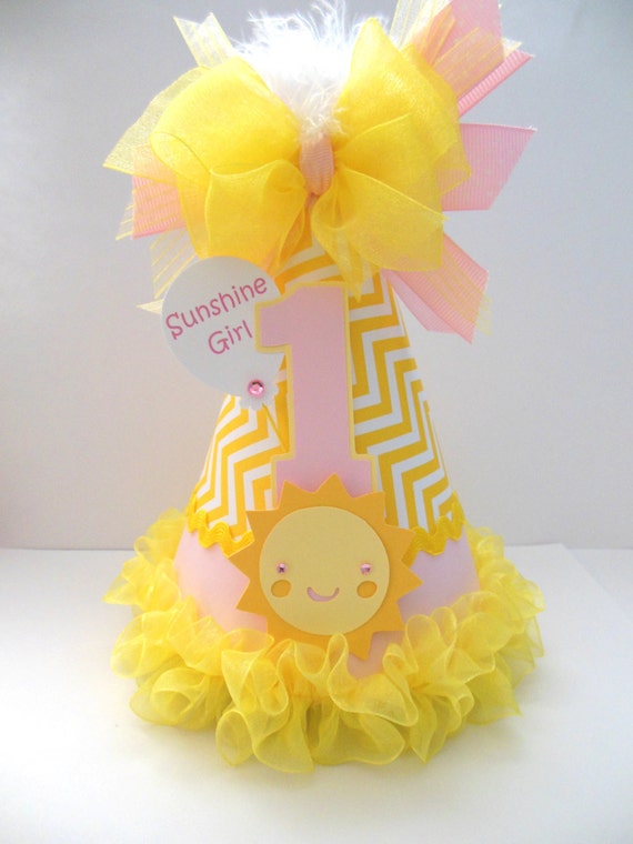 Yellow- Light Pink Sunshine Girl - Light Pink and Yellow Chevron - You Are My Sunshine Birthday Party Hat - Personalized Il_570xn