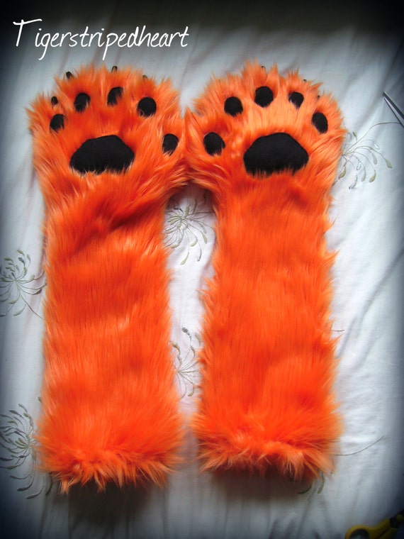 One Pair of Luxury Orange Shag Fox Paw Gloves Elbow Length