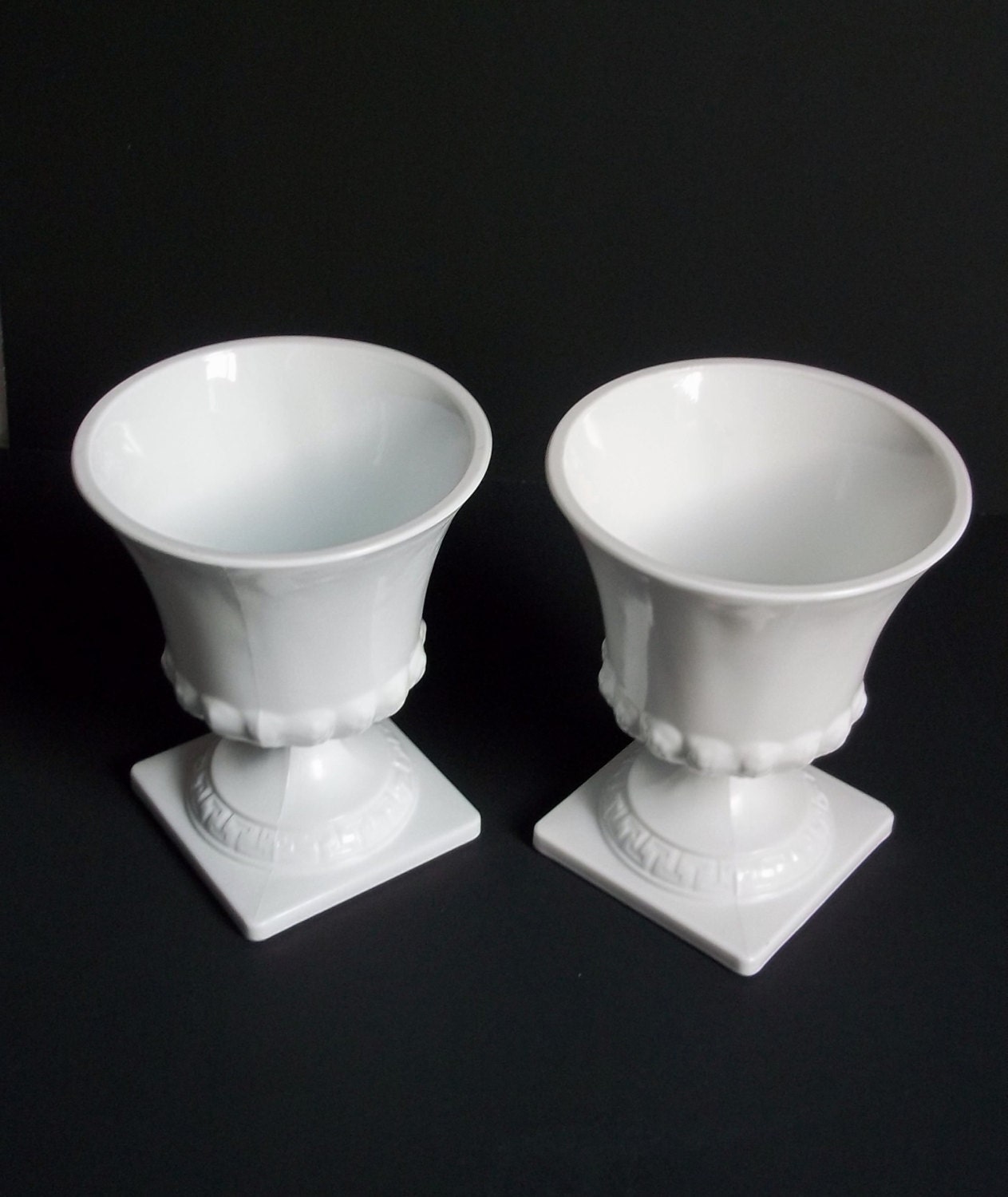 2 Large Vintage Milk Glass Pedestal Vases Urns by SPARKLESandSASS