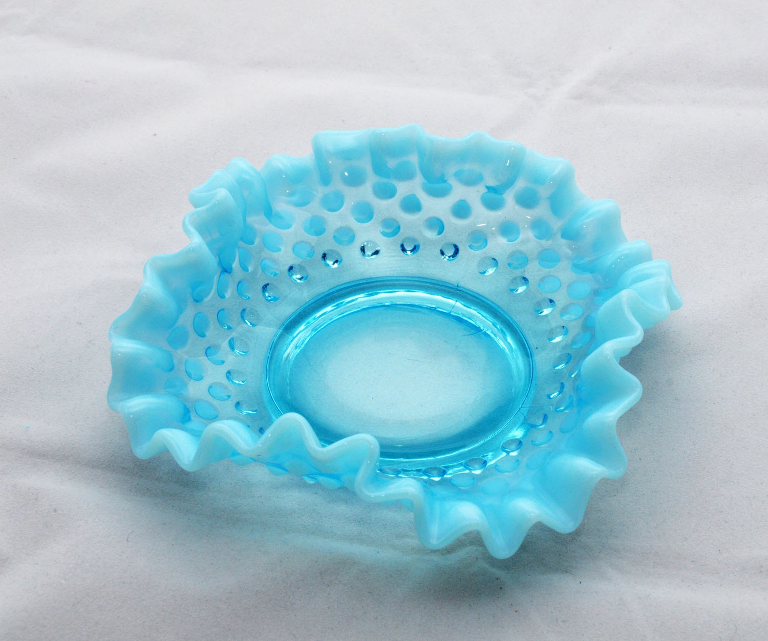 Blue Fenton Hobnail Candy Dish with Ruffled Edge Opalescent