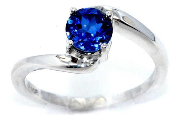 1 Carat Blue Sapphire Round Ring .925 Sterling Silver Rhodium