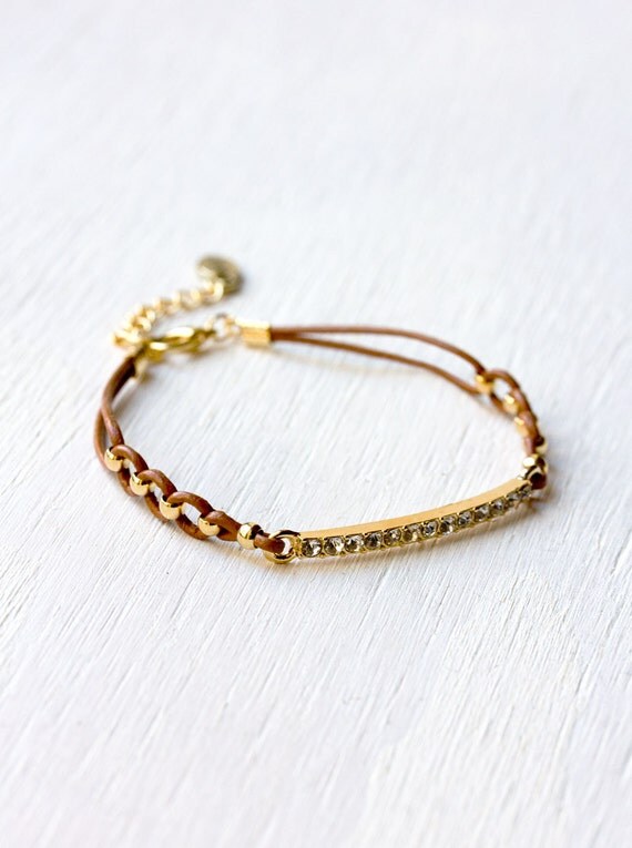 Items similar to Delicate Leather Friendship Bracelet with Gold Beads