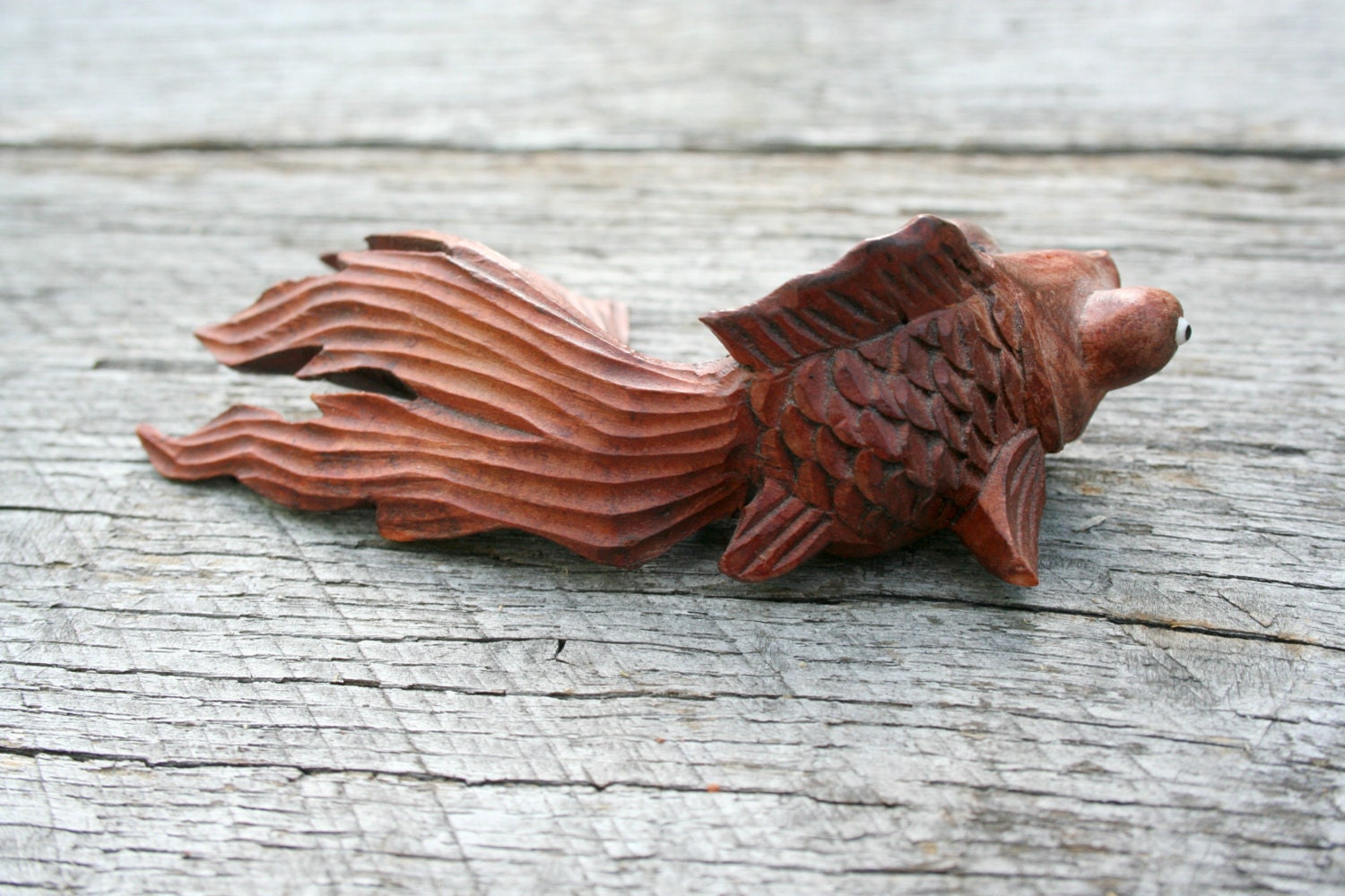 Carved Wooden Goldfish with Glass Eyes Hand Carved Good Luck