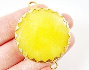 36mm Lemon Yellow Faceted Jade Connector Pendant - 22k Matte Gold Plated 1pc