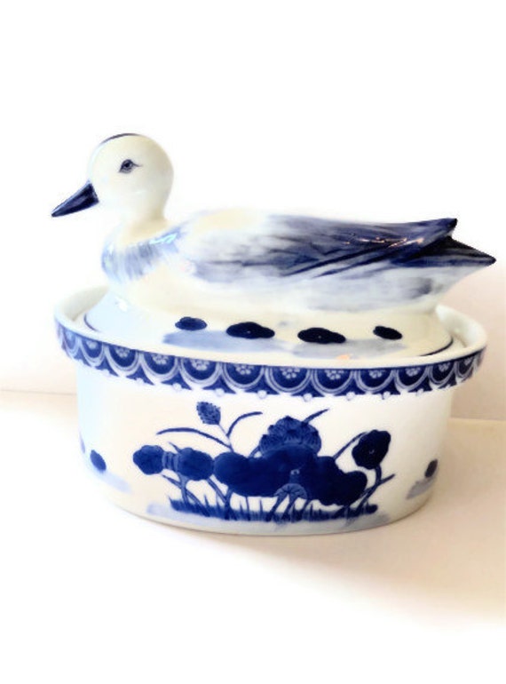 Duck Casserole Dish Tureen Blue White