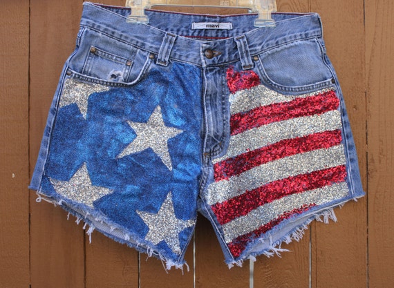 Glitter American Flag High Waisted Shorts
