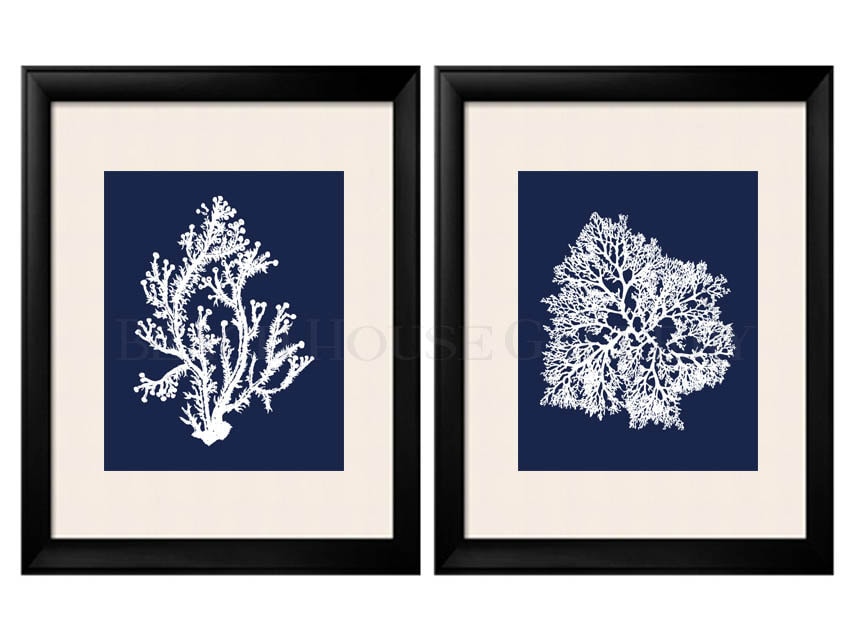 Blue Coral Wall Art Navy Blue Coral Print Navy White Wall