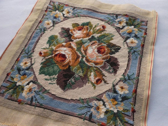 Vintage Completed Needlepoint Canvas Tapestry Rose and Daisy