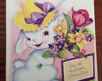 Vintage Easter Card For Little Girl - Juvenile Easter Bunny Floral Greeting Card - Unused with Envelope - By Wipco