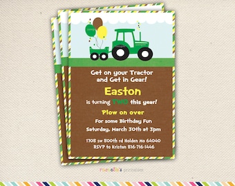 Green Tractor Birthday Party Invite and Thank you Cards- Printable Invitations John Deere Party