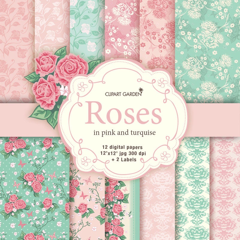 Romantic Roses in Pink and Turquoise Digital Papers Pack 