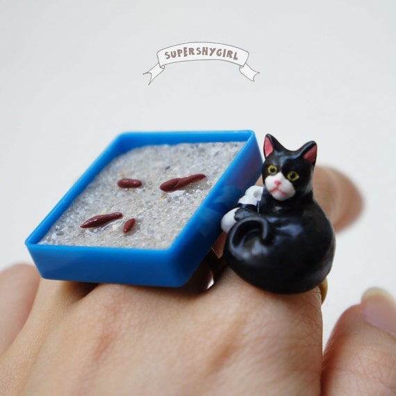 Blue Cat Litter Box Ring funny quirky jewelry poop