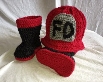 Crocheted Fireman Hat & Boots Set