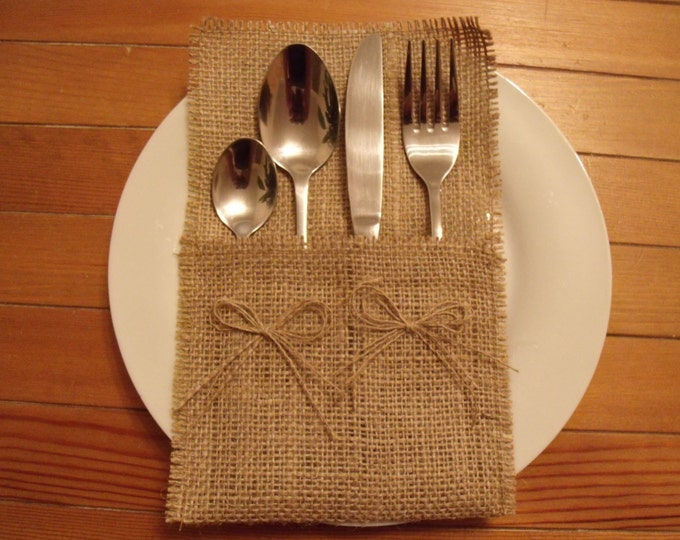 Burlap Silverware Holders with Two Bows , Rustic Wedding,Set of 100