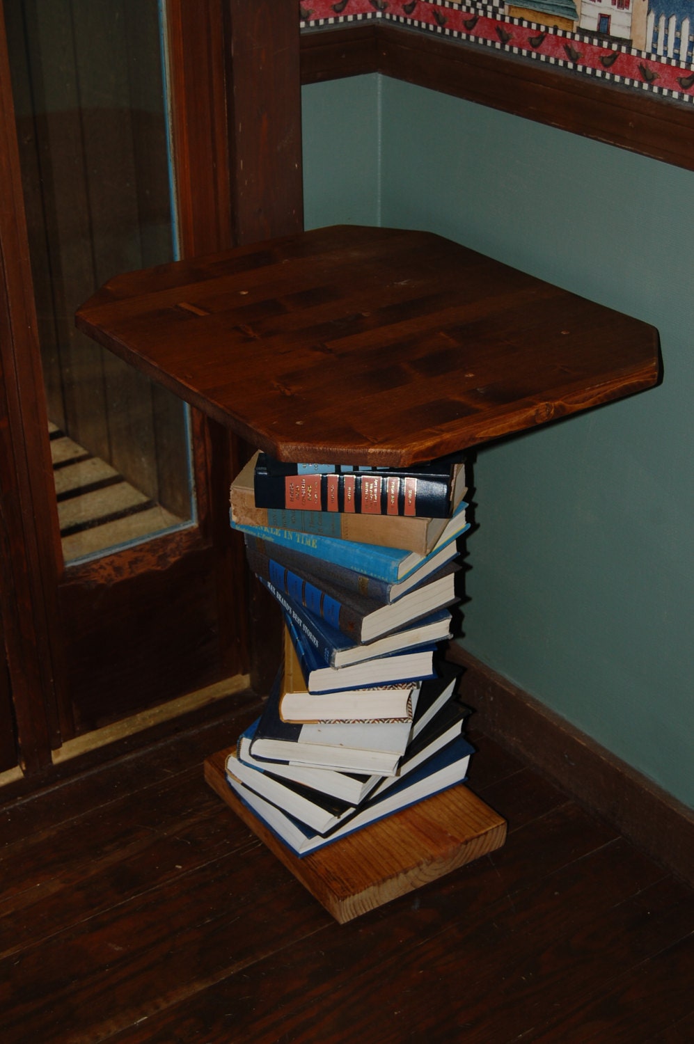 Pine Wood Side Table made with a Spiral of Books Repurposed