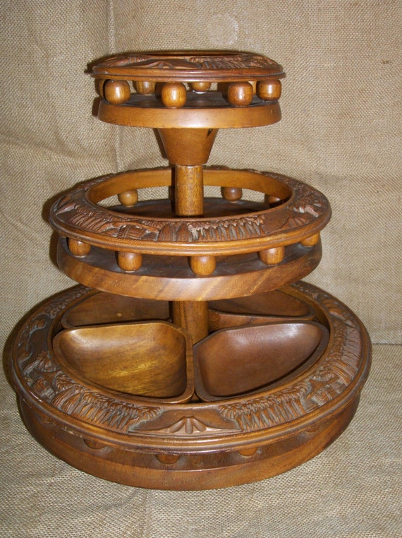 Hand Carved Polynesian Three Tiered Lazy Susan Monkey Pod