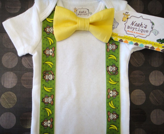 Monkey Birthday Shirt with Yellow Bow Tie and Monkey Suspenders - First Birthday Monkey Outfit - Monkey Birthday Shirt - Monkey Theme Party by NoahsBoytiques