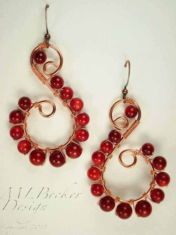 Items similar to Wire Wrapped Copper S - Curl Earrings with Dyed Red ...
