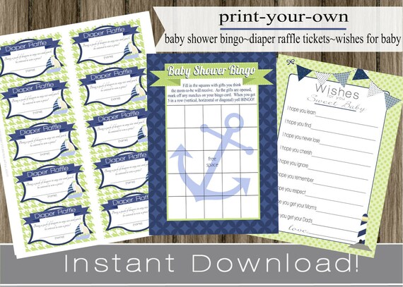Baby Shower Bingo Game Cards, Diaper Raffle Tickets, Wishes for Baby nautical blue green INSTANT DOWNLOAD diy digital printable file, Set Il_570xn