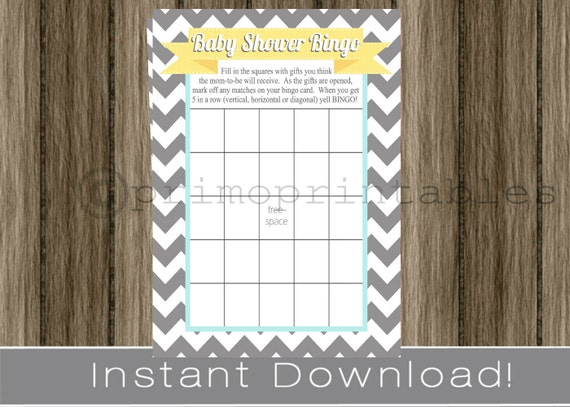 Baby Shower Bingo Game Cards gray chevron yellow and aqua blue INSTANT DOWNLOAD diy digital printable file print your own , babyshower Il_570xn
