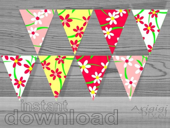 Party banner bunting, printable pennant, pattern with flowers, spring colors, digital download, PDF files ready to print Il_570xn