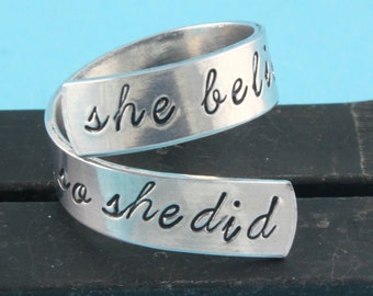 She Believed She Could, So She Did Ring - Wrap Ring - Twist Ring - Silver Ring - Encouragement Gift - Stamped Ring - Gift For Her - Size 7