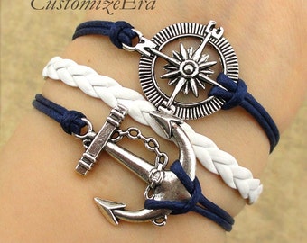 Anchor bracelet,compass bracelet,charm bracelet,nautical bracelet,braid ...