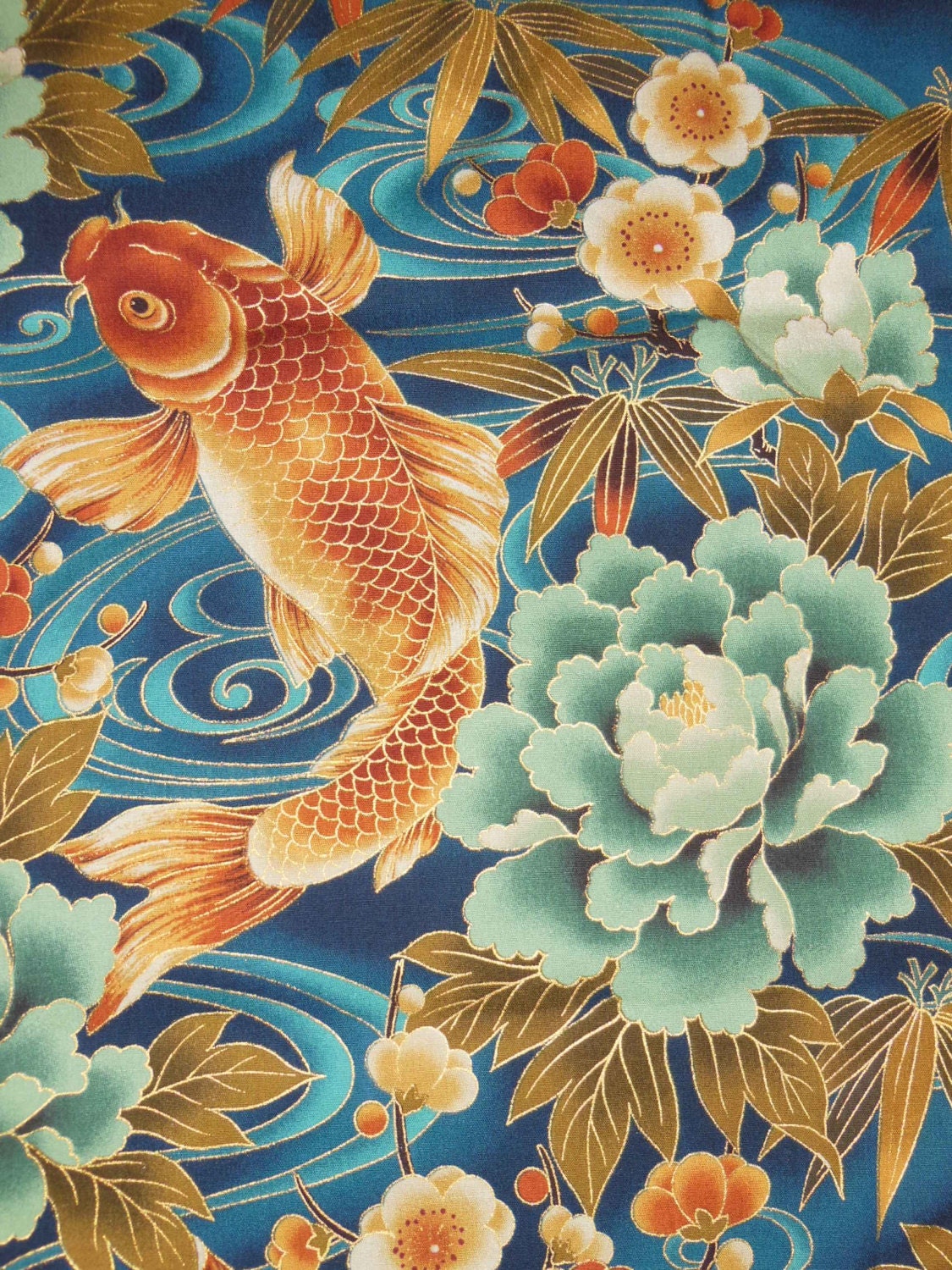 Japanese Kimono Fabric with Gold Metalic Outlining Ocean Blue
