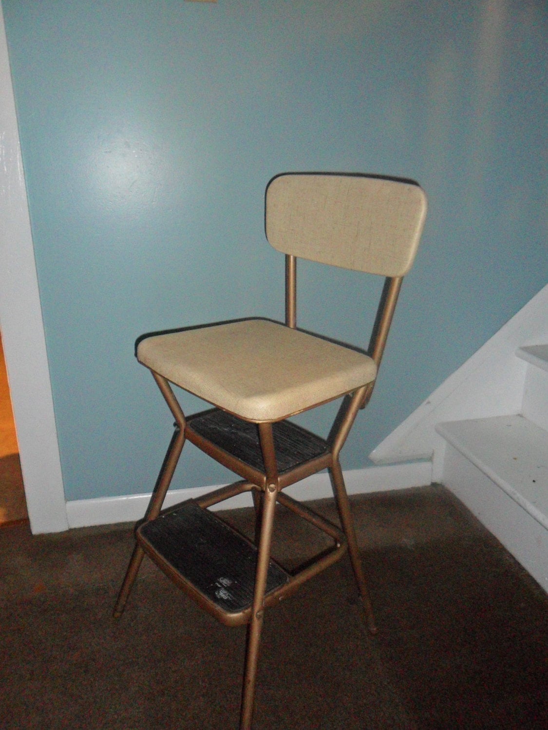 Vintage Cosco Beige Kitchen Step Stool Chair with Flip Up Seat