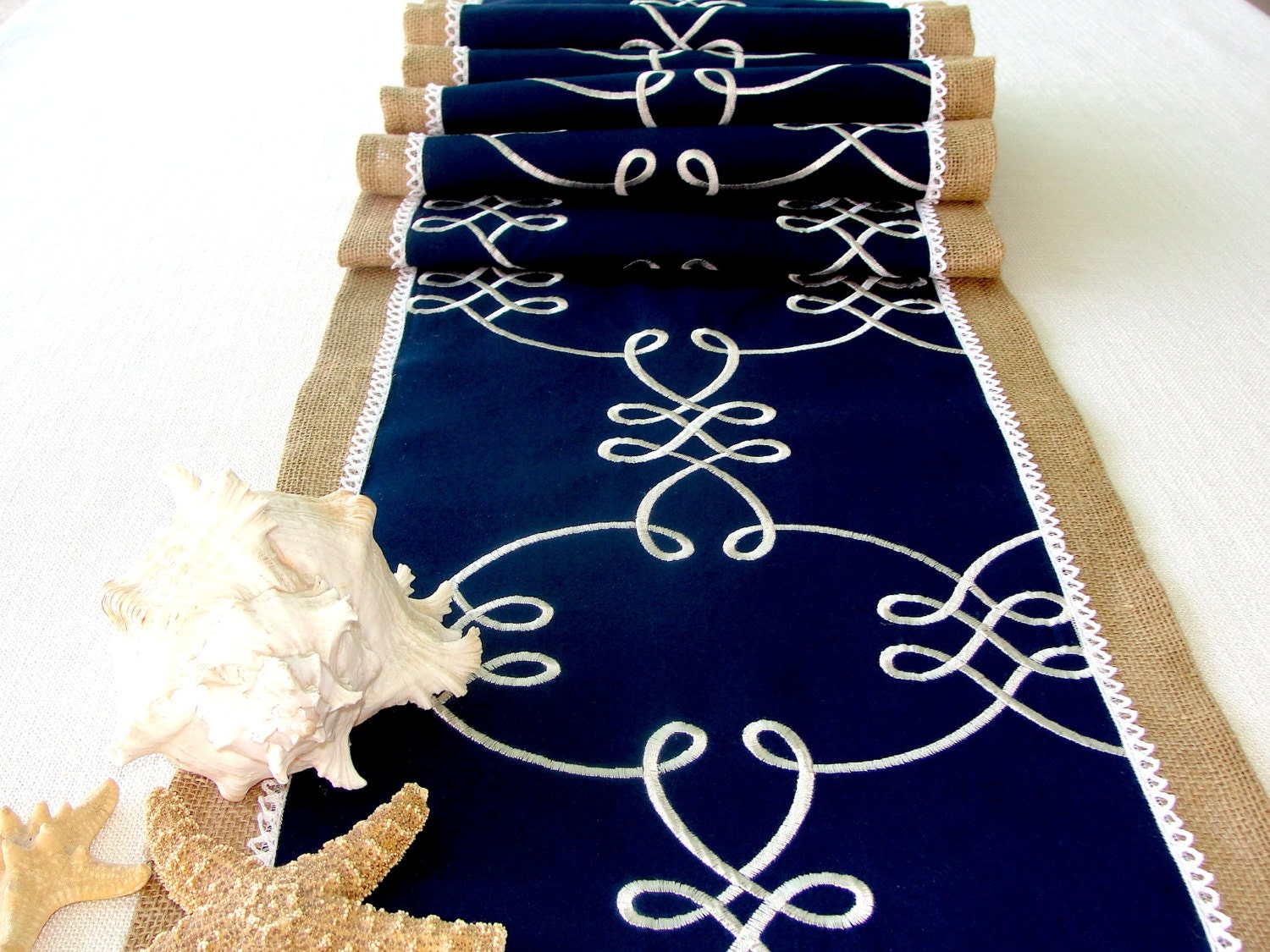 Burlap and lace table runner Extra Long Embroidered navy blue