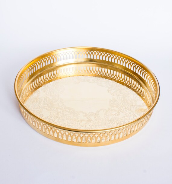 Vintage Bright Gold Round Serving Tray Scroll Filigree