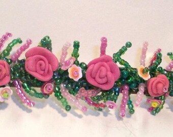Pink rose hair slide or barrette hand made beaded