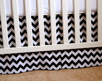 Adjustable Black and White Chevron Box Pleat Crib Skirt