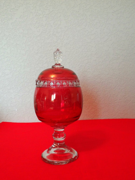 Vintage Red Glass and Crystal Covered Pedestal Dish Red