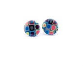 Polymer clay colorful "Murrine" stud earrings blue pink green silver black