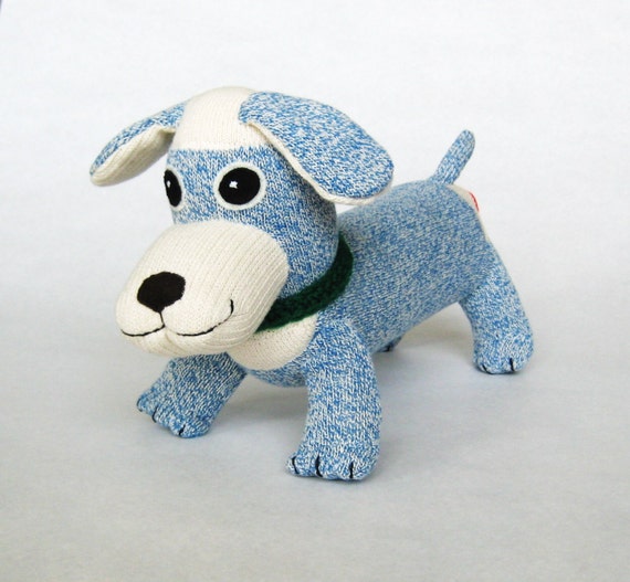 Items similar to Stuffed blue dog Ringo the dachshund sock monkey puppy ...