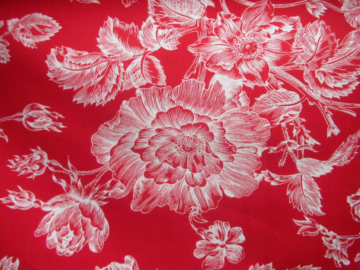 A standout toile with dark cherry red background with white