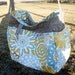 Knitting or crochet tote bag and needle roll in yellow, light blue and green flowers and grey tweed