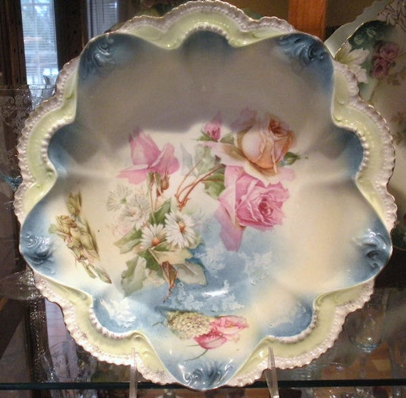 1900s RS Prussia Bowl Antique Porcelain Victorian Art Nouveau Cottage Chic Home Wedding Decor Wreath Star Roses Daisies Snowball Poppies