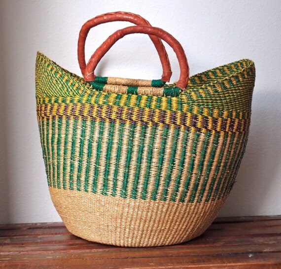 Market Basket / Woven Market Basket w/ Leather Handles