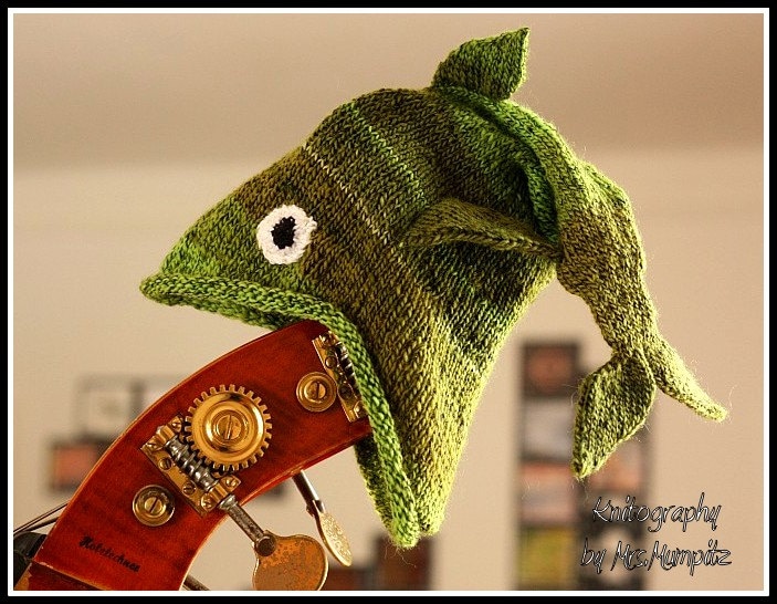 Funny fish hat for kids hand knitted green