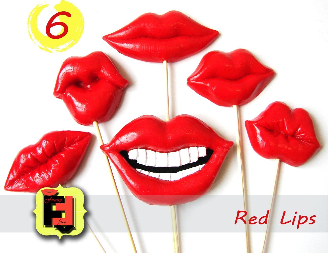 Set from 6 colour plastic lips on a stick for wedding