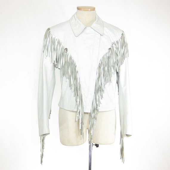 White Leather Fringe Jacket Southwestern 1980s Size M L