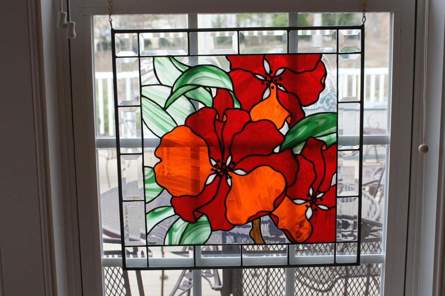 Bright Orange Hibiscus Stained Glass Panel