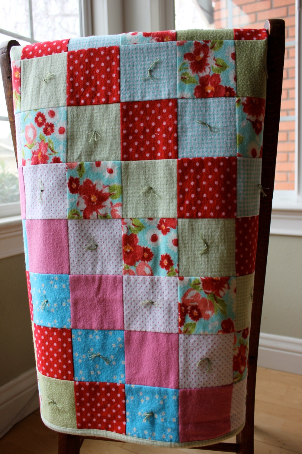 Flannel Baby Quilt Receiving Blanket Girl Red Green and