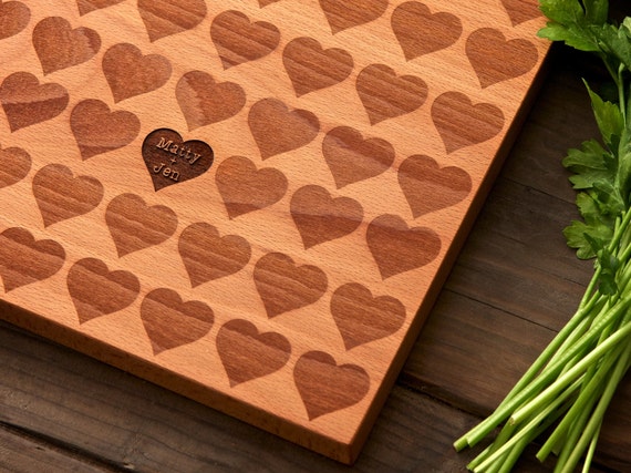 Personalized Carved Heart Engraved Wood Cutting Board - 12x16 - custom hostess gift wedding or anniversary gift for foodie couple