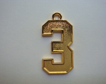 Number 3 Jersey Style Sports Necklace Charm Pendant (0.8" Tall) GOLD PLATED Football Baseball Basketball Soccer Lacrosse Hockey