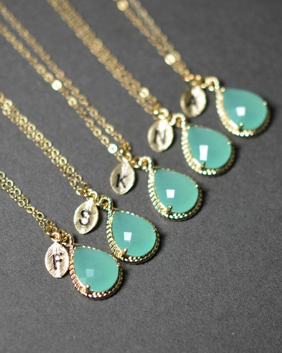 Mint opal green gold necklace ,Bridesmaid Wedding Bridal Bridesmaid Jewelry-Bridesmaid gifts ,personalized NECKLACE , monogrammed gifts