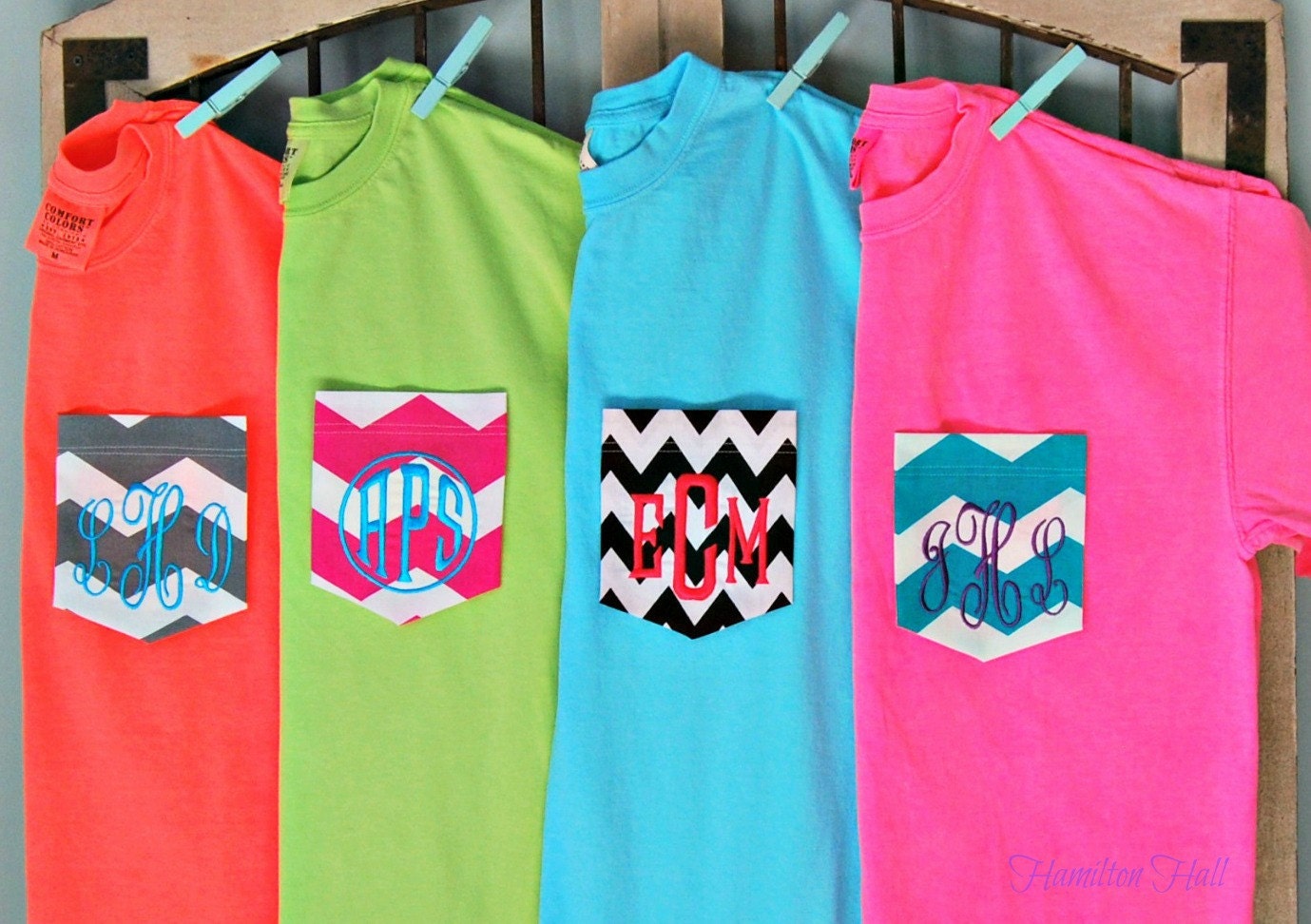 Neon and Bright Monogrammed Pocket T Shirt by HamiltonHall on Etsy